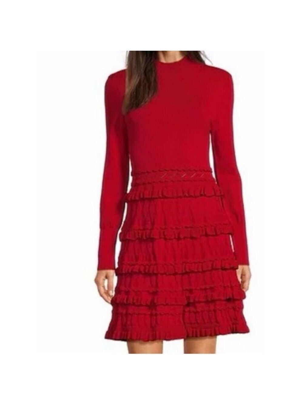 MUSE BY MARCHESA Calla Knitted Lycra Mock Neck Layered Tiered Ruffle Dress XS